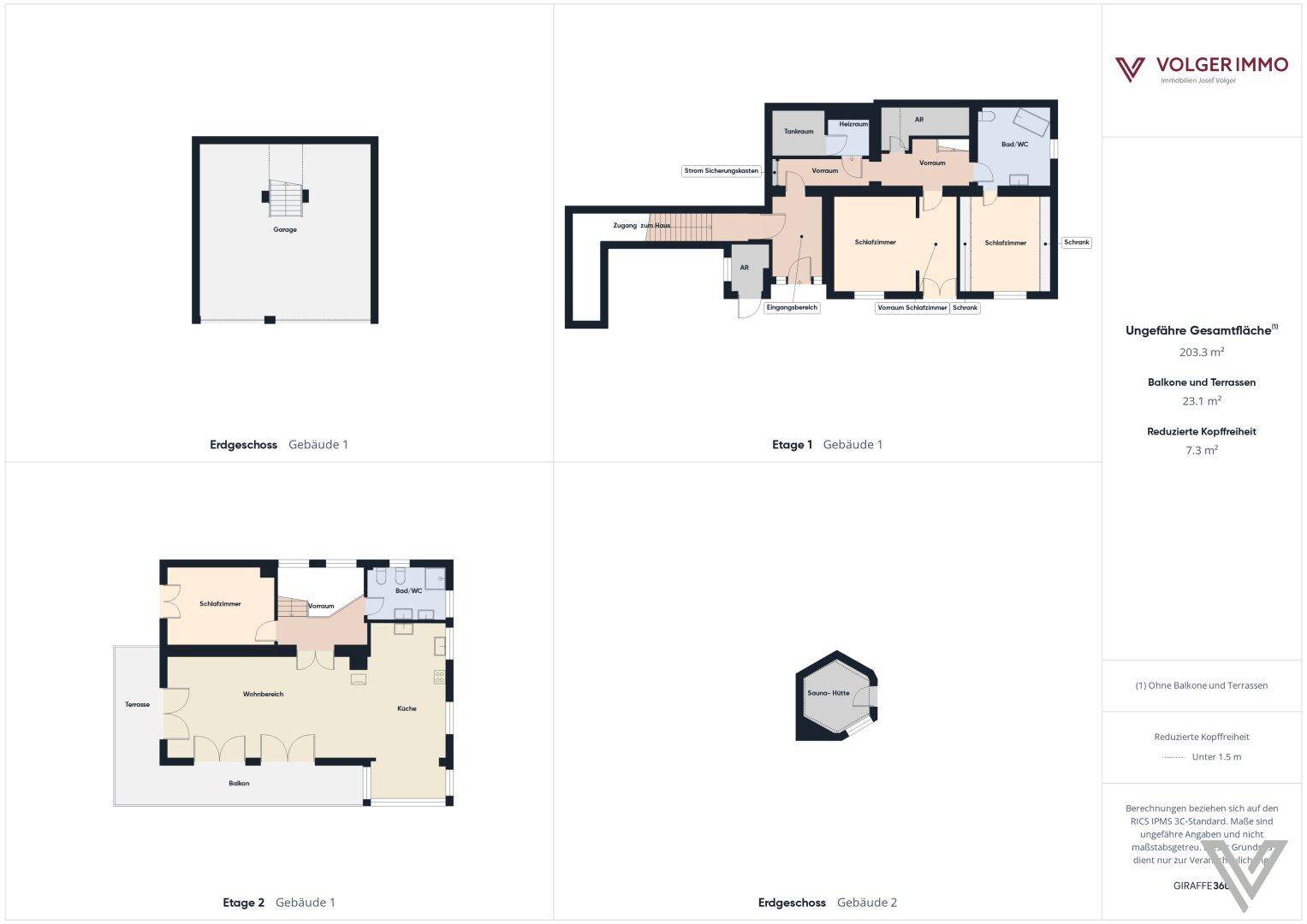 Übersicht der Grundrisse für Gebäude 1 und 2, inklusive Garage, Sauna und Wohnbereichen.