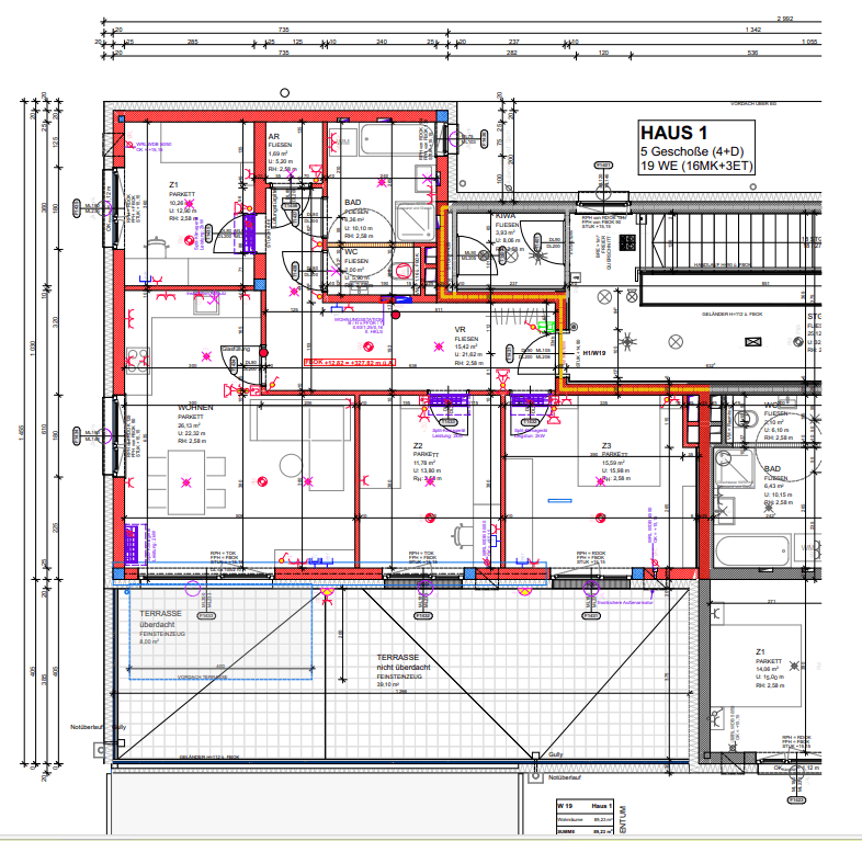Grundriss einer Wohnung mit drei Zimmern, zwei Bädern, separatem WC und zwei großzügigen Terrassen.