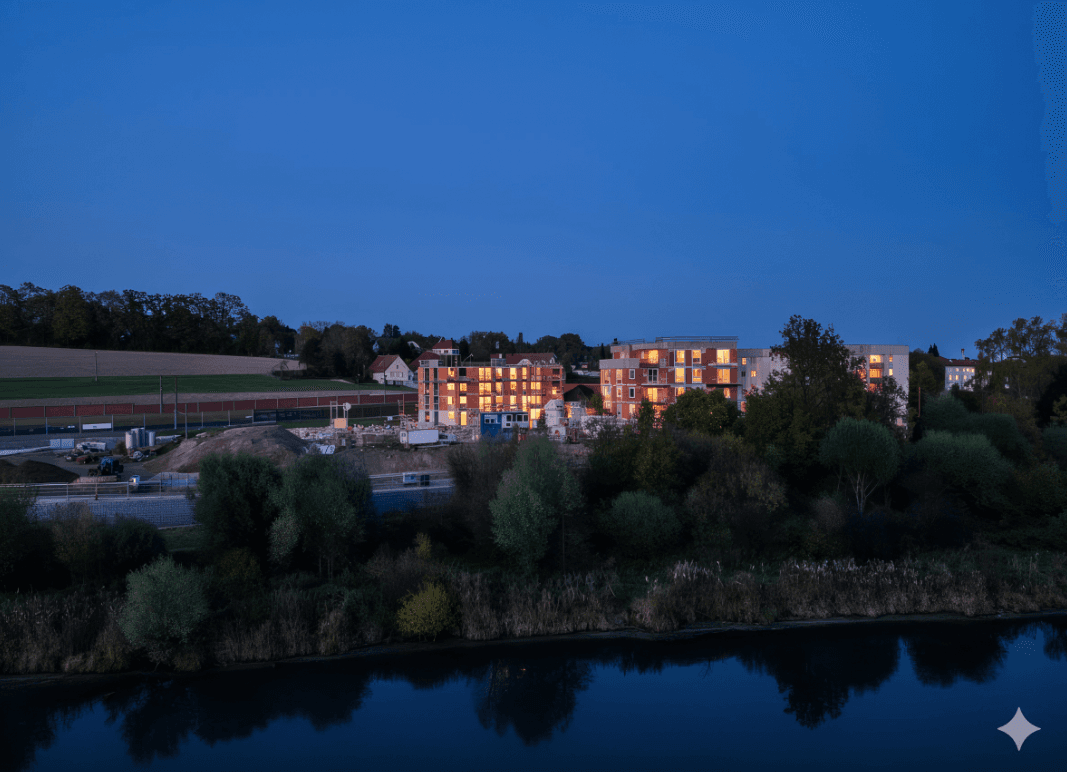 Wohngebäude am Seeufer in der Dämmerung mit beleuchteten Fenstern und ländlicher Umgebung.