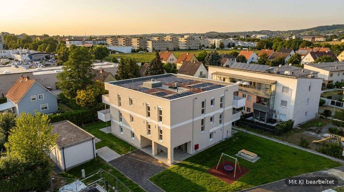 Luftaufnahme eines modernen Wohngebäudes mit Grünflächen und einem kleinen Spielplatz in der Nachbarschaft.