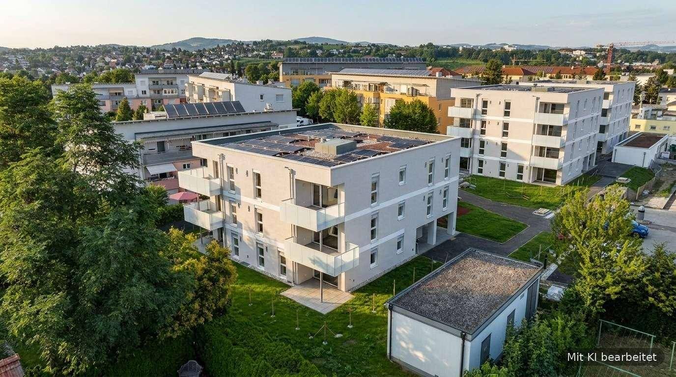 Luftaufnahme eines modernen Wohngebäudes mit Solarpaneelen auf dem Dach, umgeben von weiteren Gebäuden und Grünflächen.