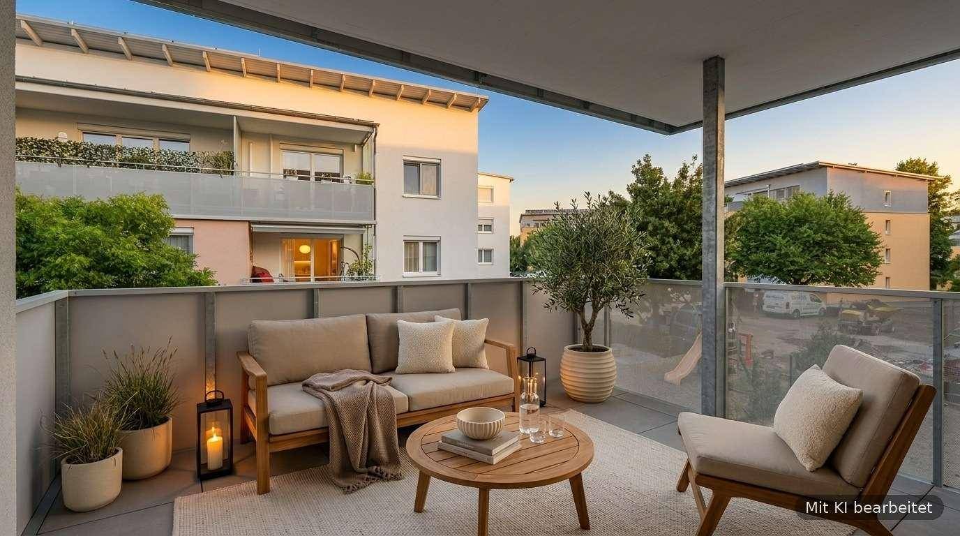 Gemütlicher Balkon mit modernen Outdoor-Möbeln, Pflanzen und Blick auf die umliegenden Wohngebäude.