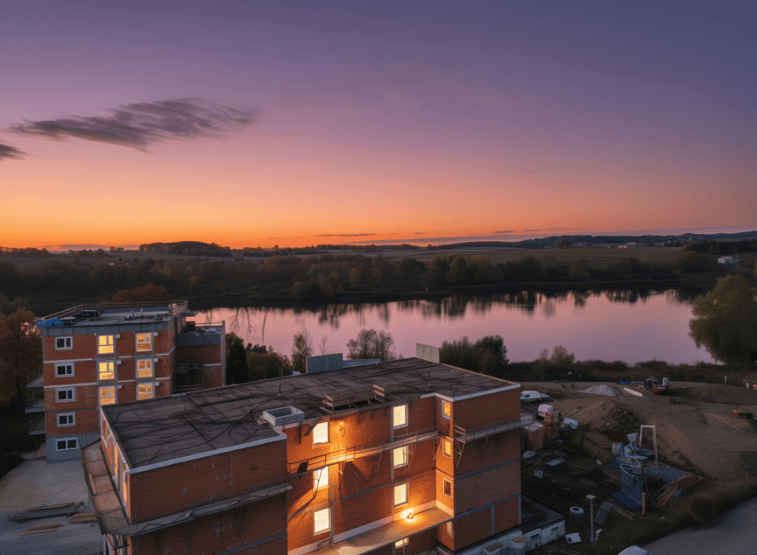 Neubauten am Seeufer bei Sonnenuntergang mit leuchtenden Fenstern und ländlicher Umgebung.