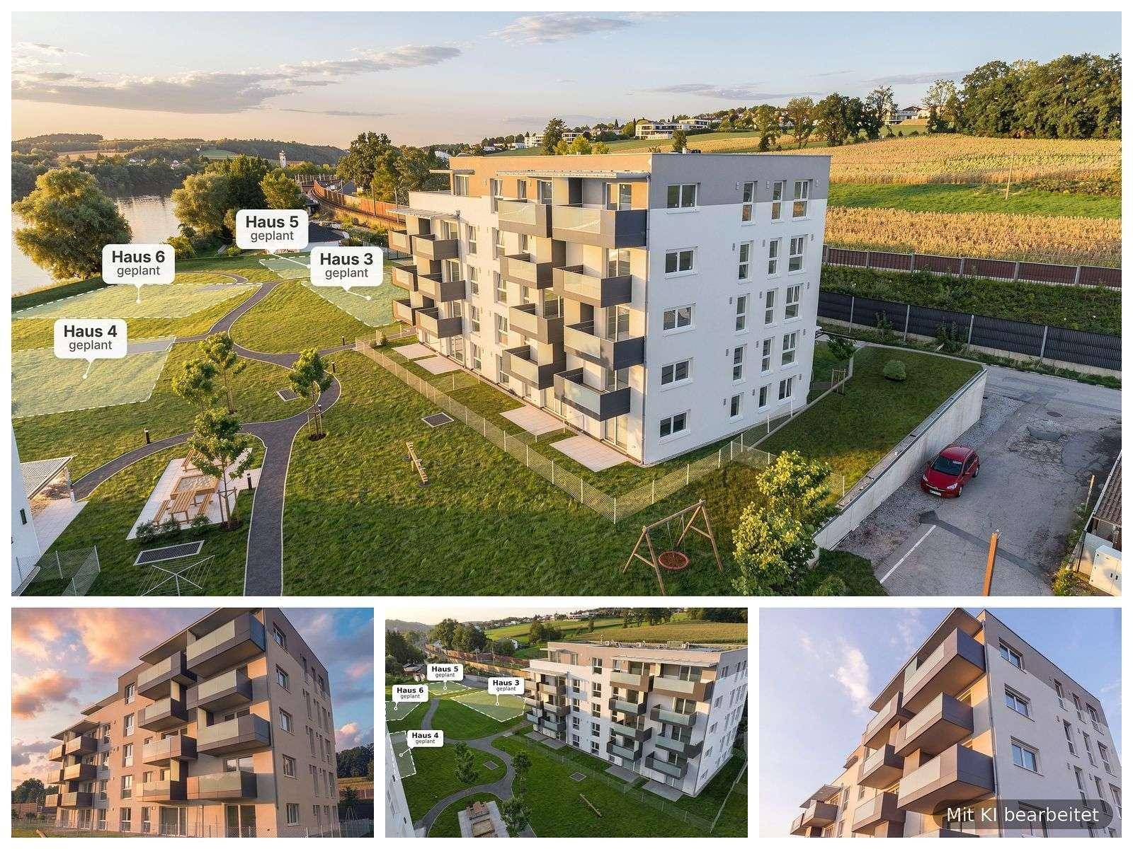 Übersicht des modernen Wohnkomplexes mit geplanten Erweiterungen und Blick auf die Umgebung.