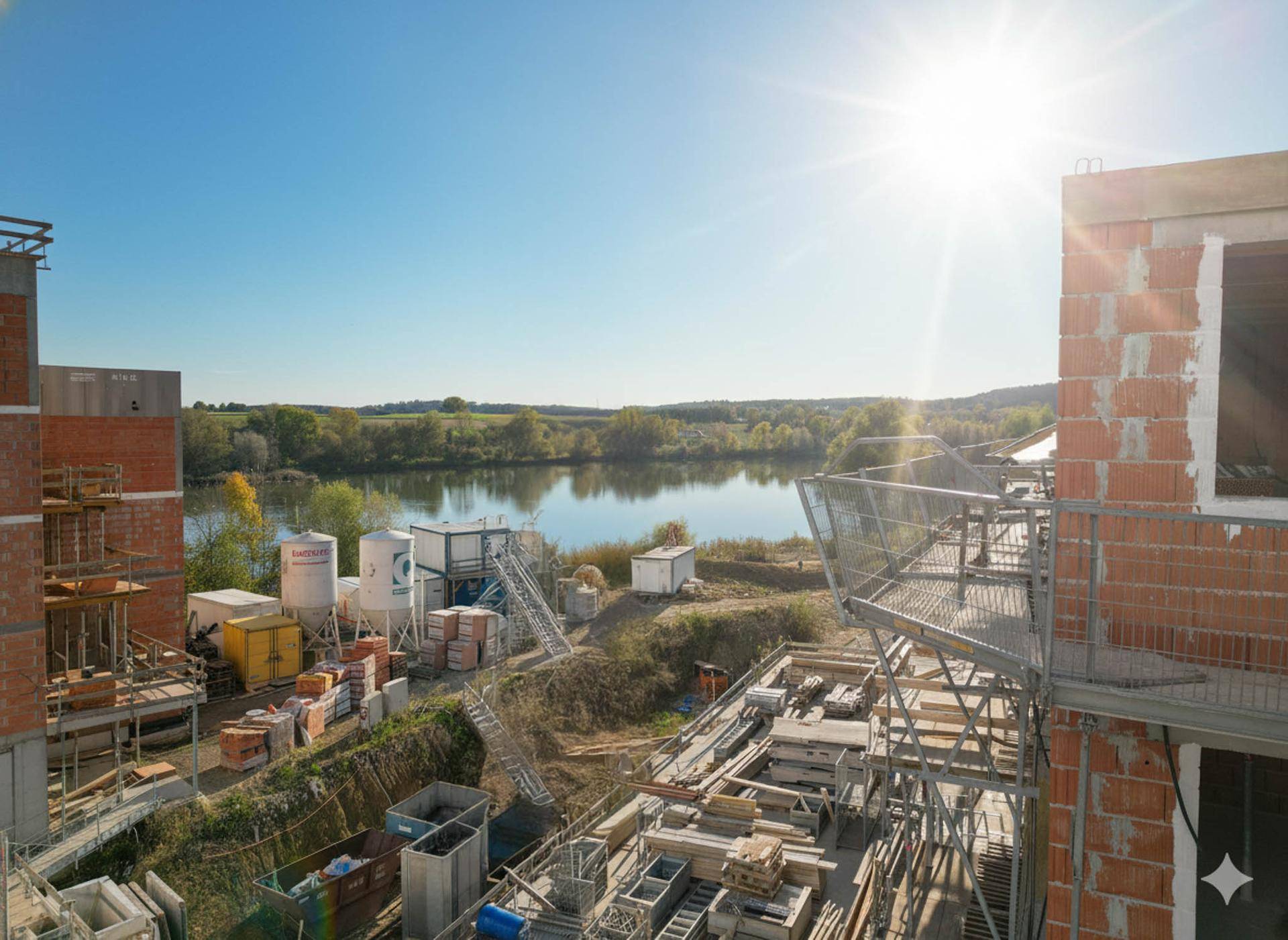 Nahaufnahme der im Bau befindlichen Gebäude mit Blick auf den See und Baumaterialien.