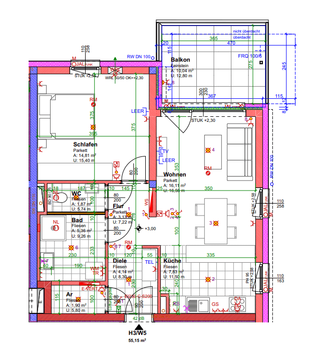 Grundriss einer Wohnung mit einem Schlafzimmer, offenem Wohnbereich, Küche, Bad, separatem WC und Balkon.