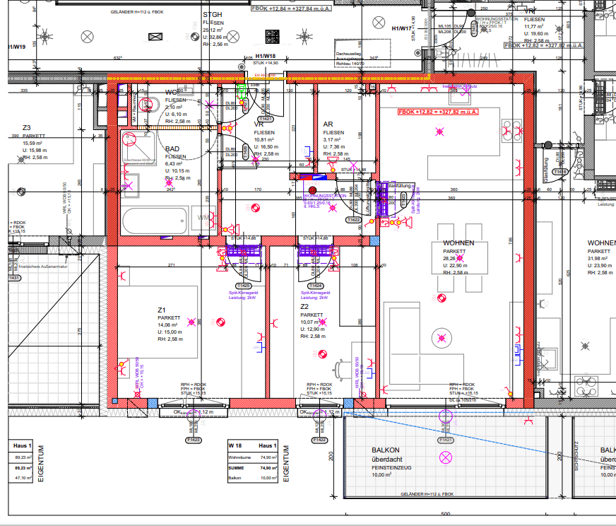 Detaillierter Grundrissplan einer Wohnung mit offenem Wohnbereich, Balkon, Bad und separatem WC.