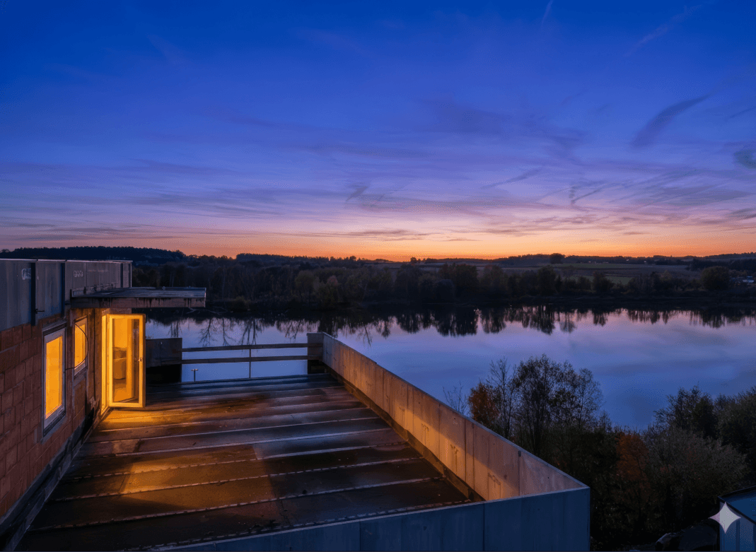 Dachterrasse im Bau mit weitem Blick über den See bei Sonnenuntergang.