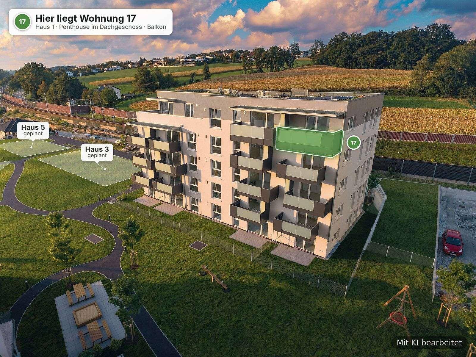 03_Haus1_Whg17_Luftbild_Sued_mit_Bauplaetzen_Wohnung_17_markiert_KI-Hinweis
