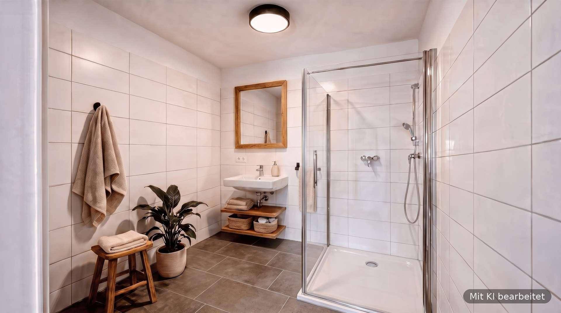 Modernes Badezimmer mit weißen Fliesen, ebenerdiger Dusche und einem einzelnen Waschbecken.