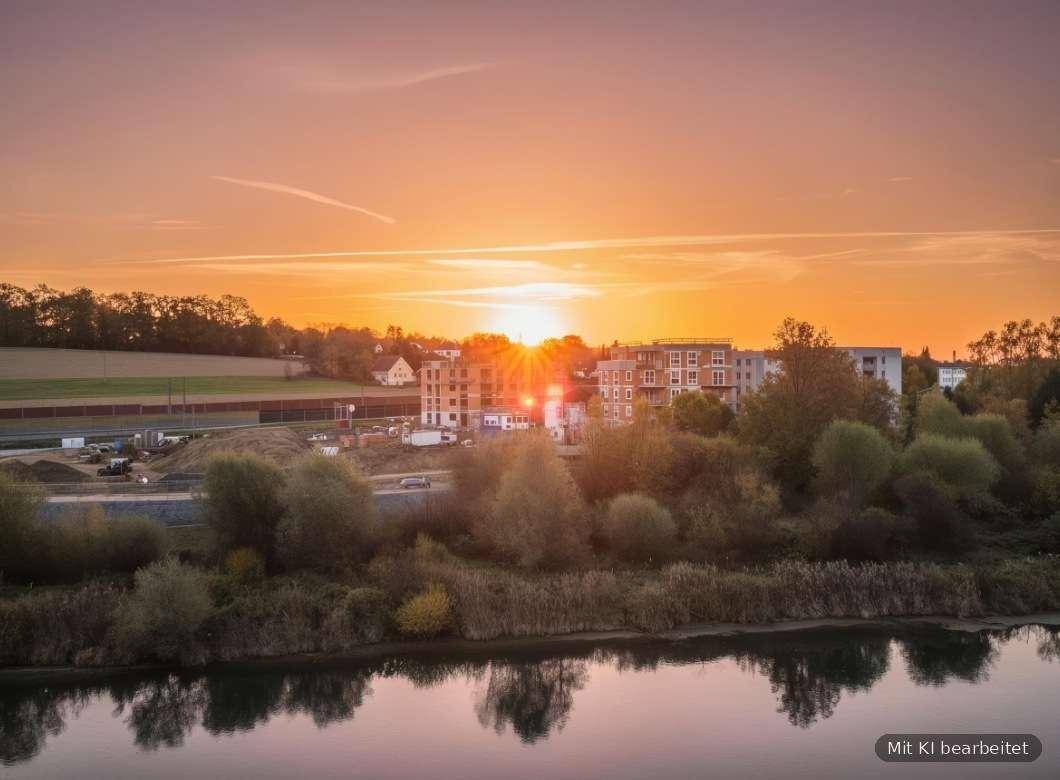 Malerischer Sonnenuntergang über dem Fluss mit den neuen Wohngebäuden am Horizont.