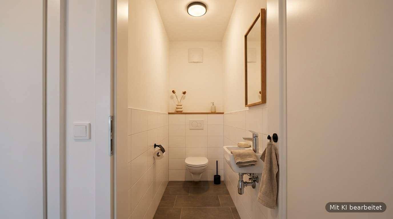 Helles Gäste-WC mit weißen Wandfliesen, kleinem Waschbecken und einem schlichten Spiegel.