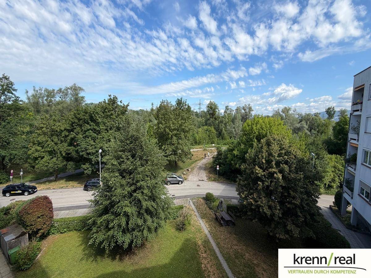 Weitläufiger Ausblick auf eine grüne Umgebung mit Straße, Bäumen und bewölktem Himmel.
