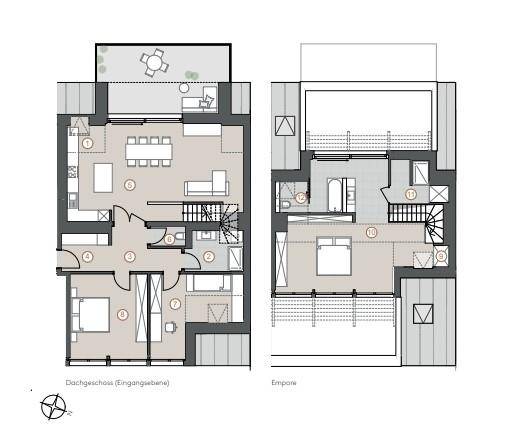 Grundriss einer Maisonette-Wohnung mit Dachgeschoss, Empore, offener Gestaltung und großer Terrasse.