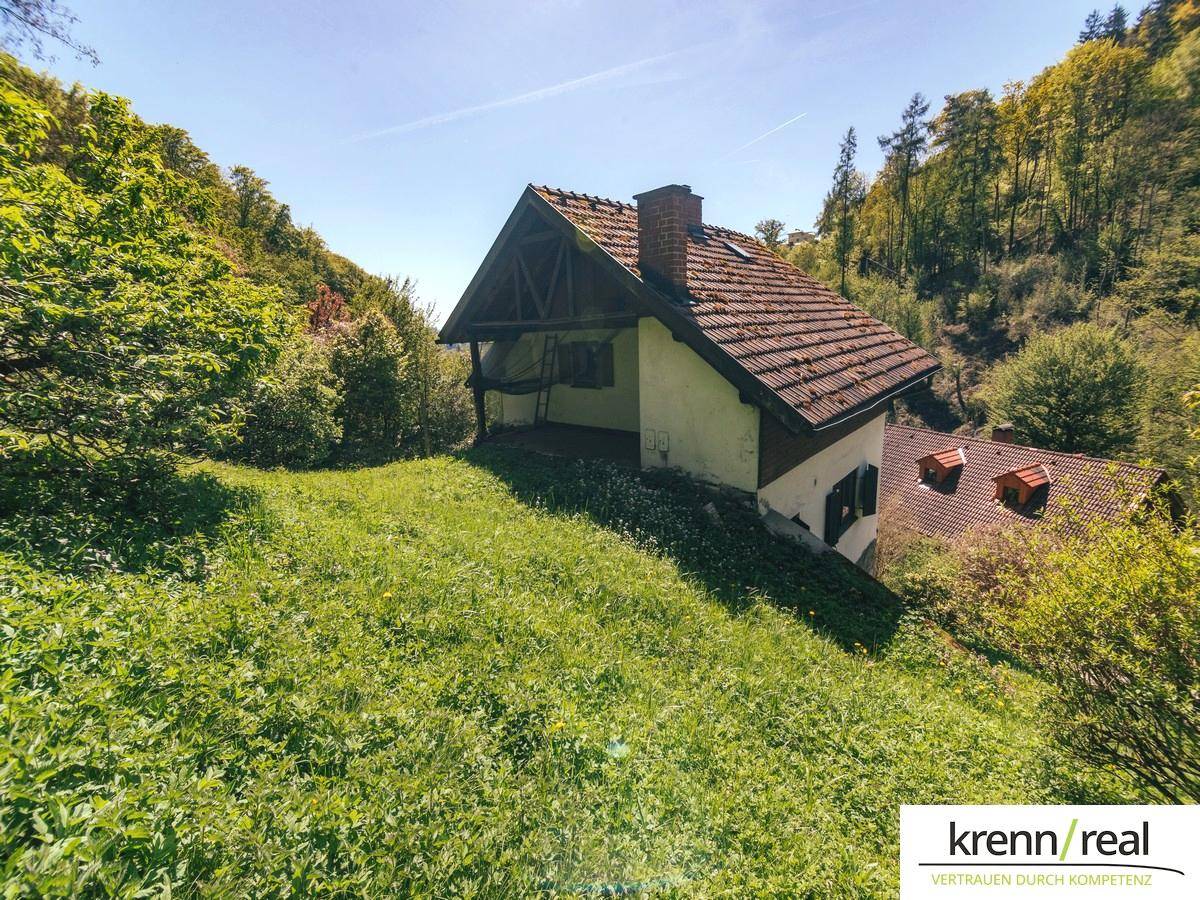 Rückansicht eines Hauses in Hanglage, umgeben von grünen Wiesen und Bäumen unter blauem Himmel.