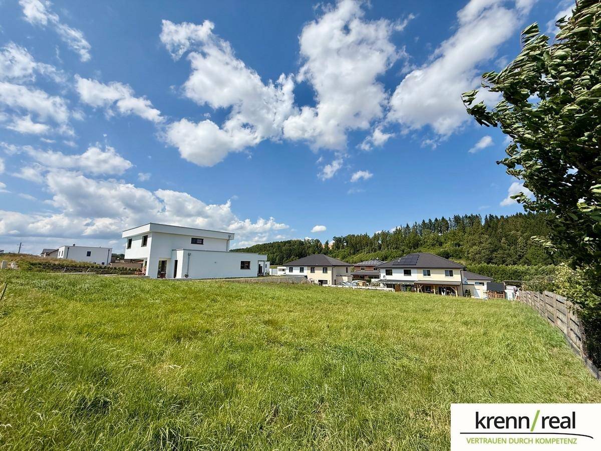 Offenes grünes Grundstück mit modernen Neubauten im Hintergrund unter einem weiten Himmel mit Wolken.
