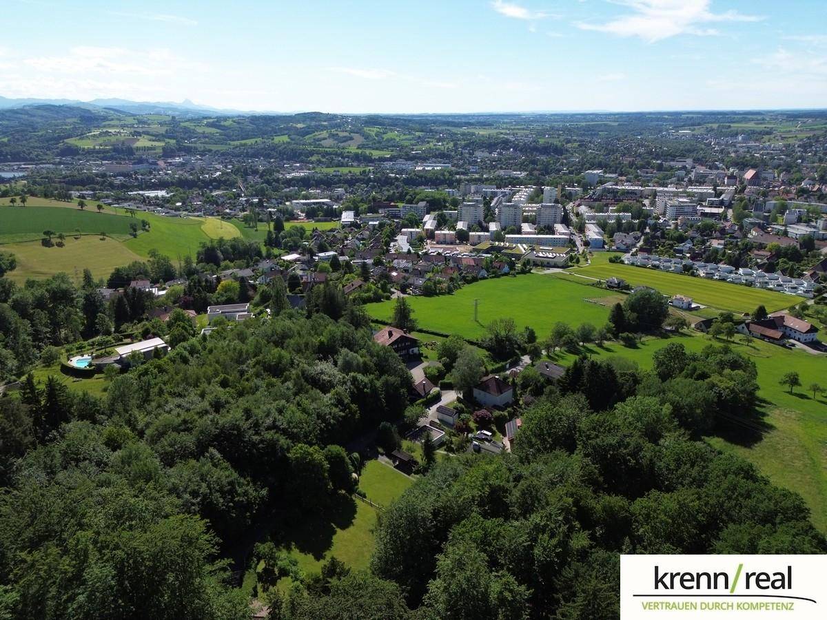 Panoramablick aus der Vogelperspektive über eine grüne Landschaft mit Siedlungen und Bergen am Horizont.