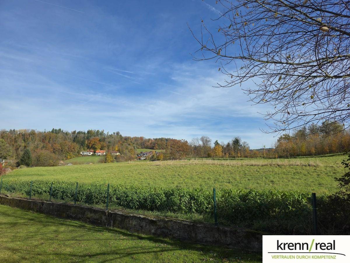 Weitläufige grüne Felder und bewaldete Hügel unter strahlend blauem Himmel, angrenzend an das Grundstück.