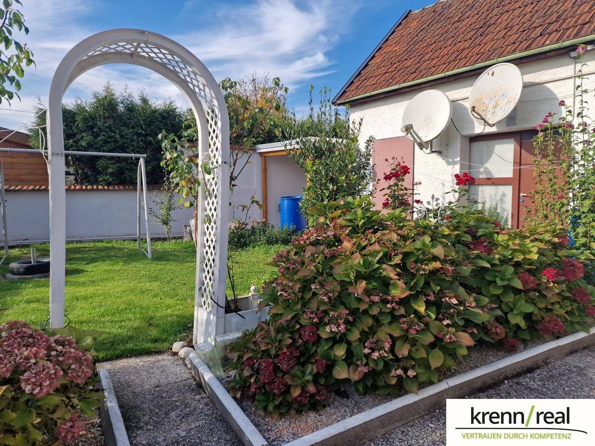 Grüner Gartenbereich mit Blumenbeeten, Rasenfläche und einem weißen Rosenbogen.