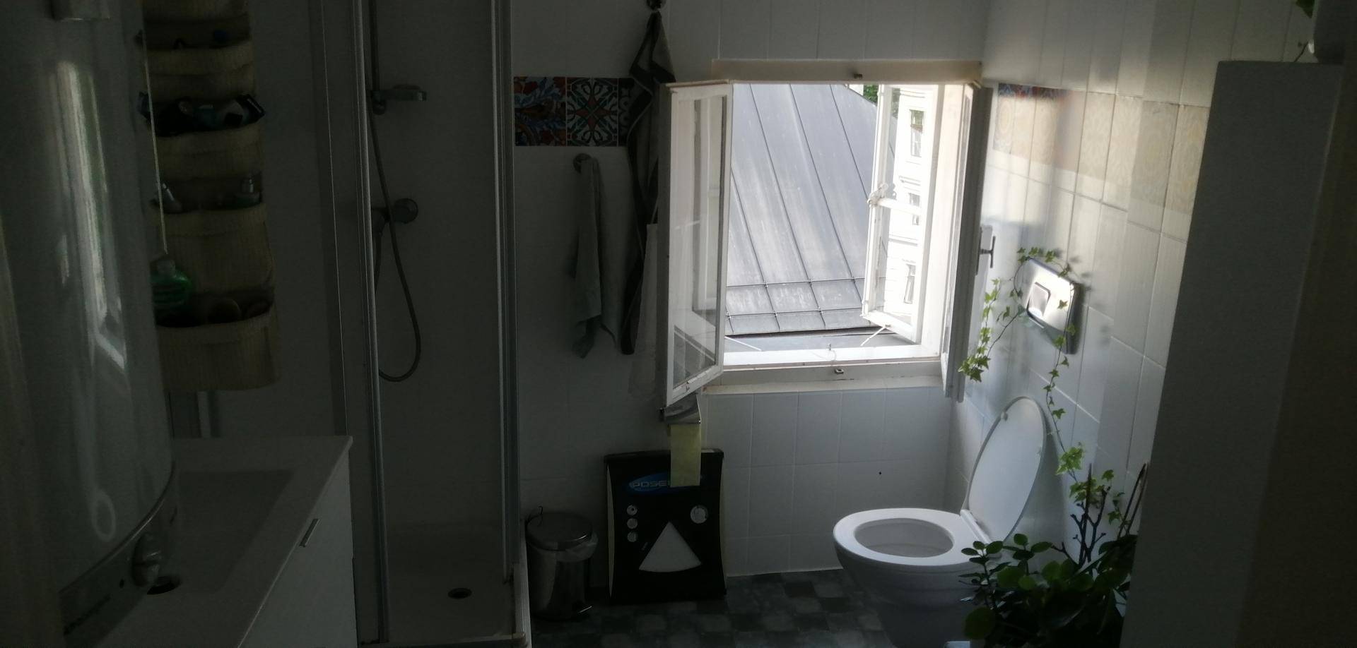 Badezimmer mit Dusche, Toilette und Fenster für Tageslicht.