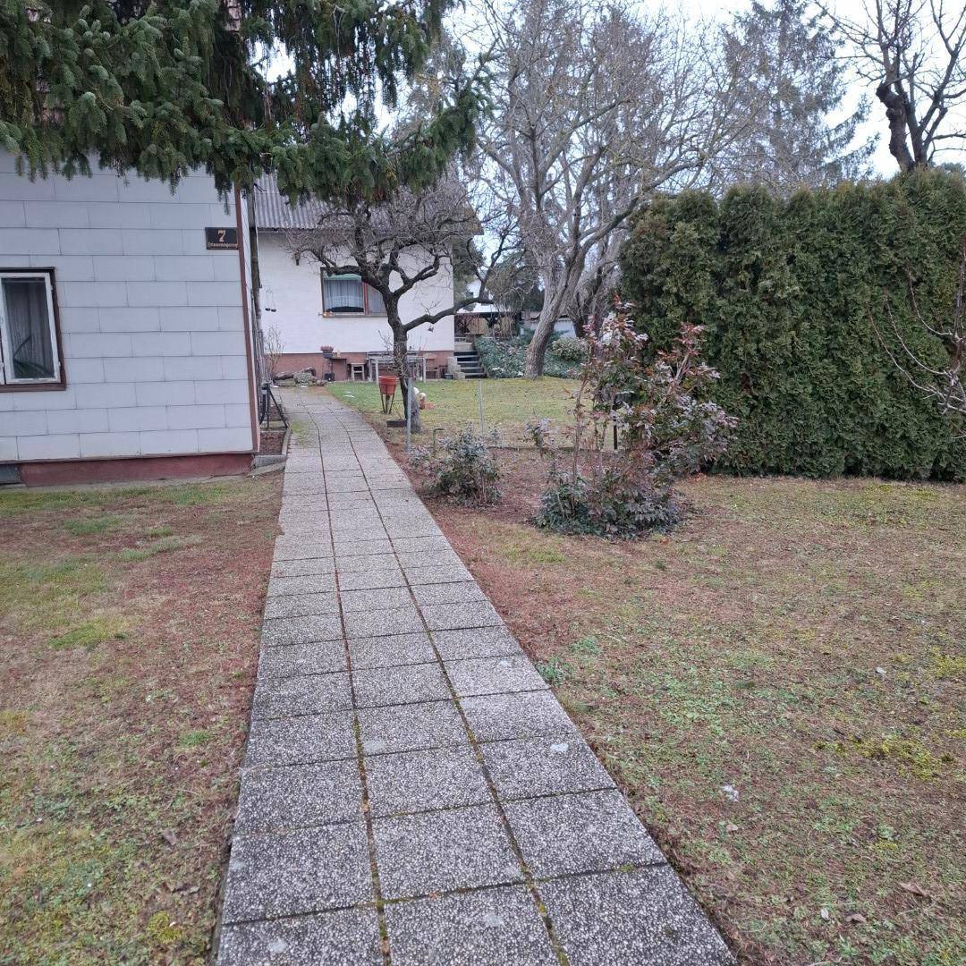Gepflasterter Weg entlang der Hausseite, umgeben von Rasenflächen und grünen Hecken.