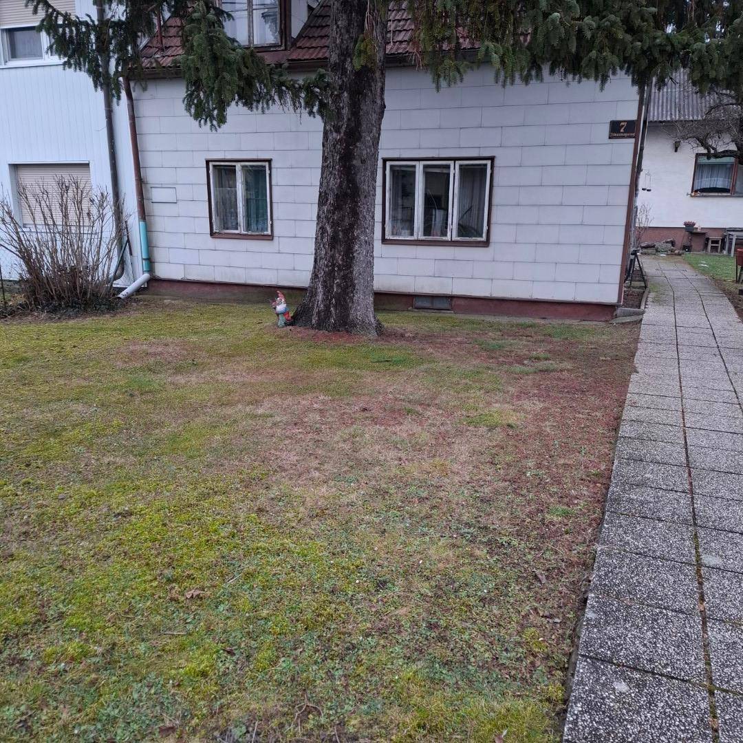 Hausfassade mit weißer Verkleidung, Fenstern und einem gepflasterten Weg im Vorgartenbereich.