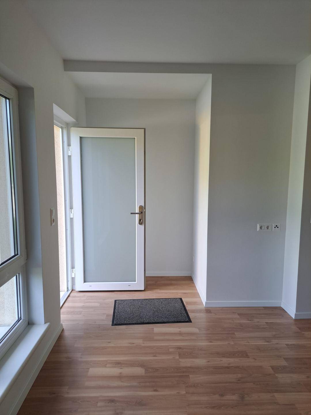 Heller Eingangsbereich mit Laminatboden und einer modernen Tür, die nach außen führt.