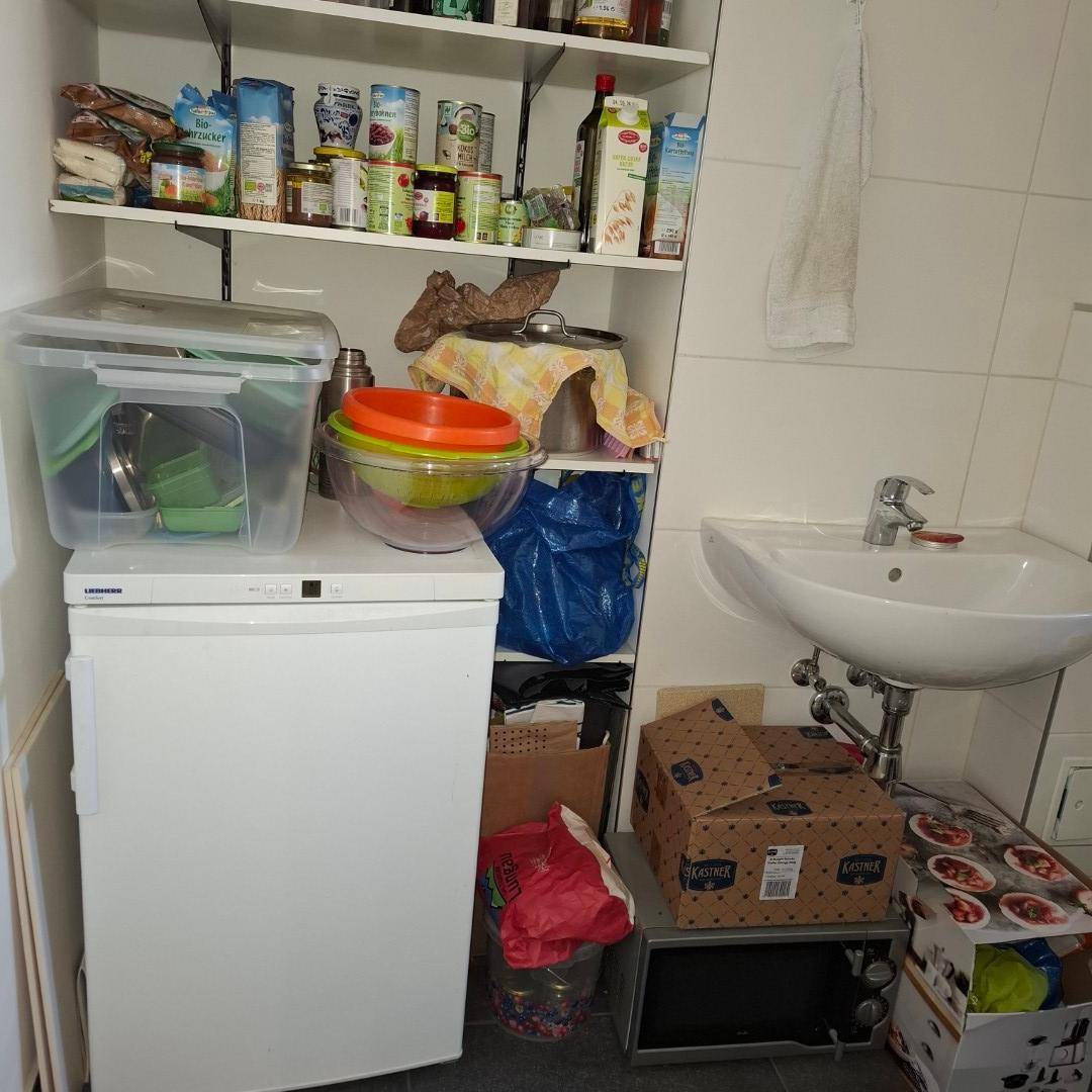 Praktischer Hauswirtschaftsraum mit Waschbecken, Regalen und einem Gefrierschrank, der zusätzlichen Komfort bietet.