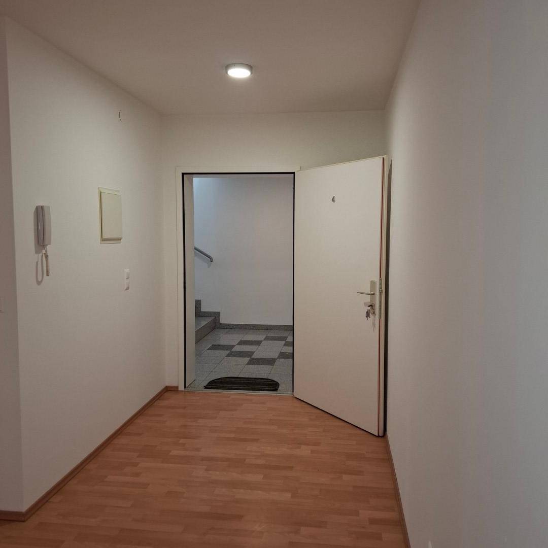 Eingangsbereich mit Laminatboden und Gegensprechanlage, eine offene Tür führt zum Treppenhaus.