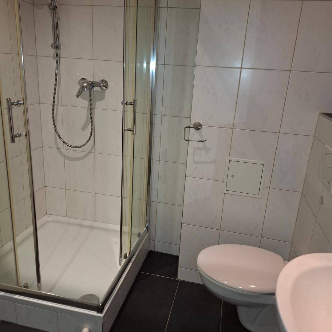 Funktionales Badezimmer mit Duschkabine, WC und weißen Fliesen an Wänden und dunklem Boden.