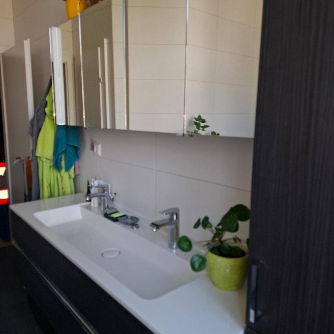 Modernes Badezimmer mit Doppelwaschbecken und Spiegelschränken über dem Waschtisch für zusätzlichen Stauraum.