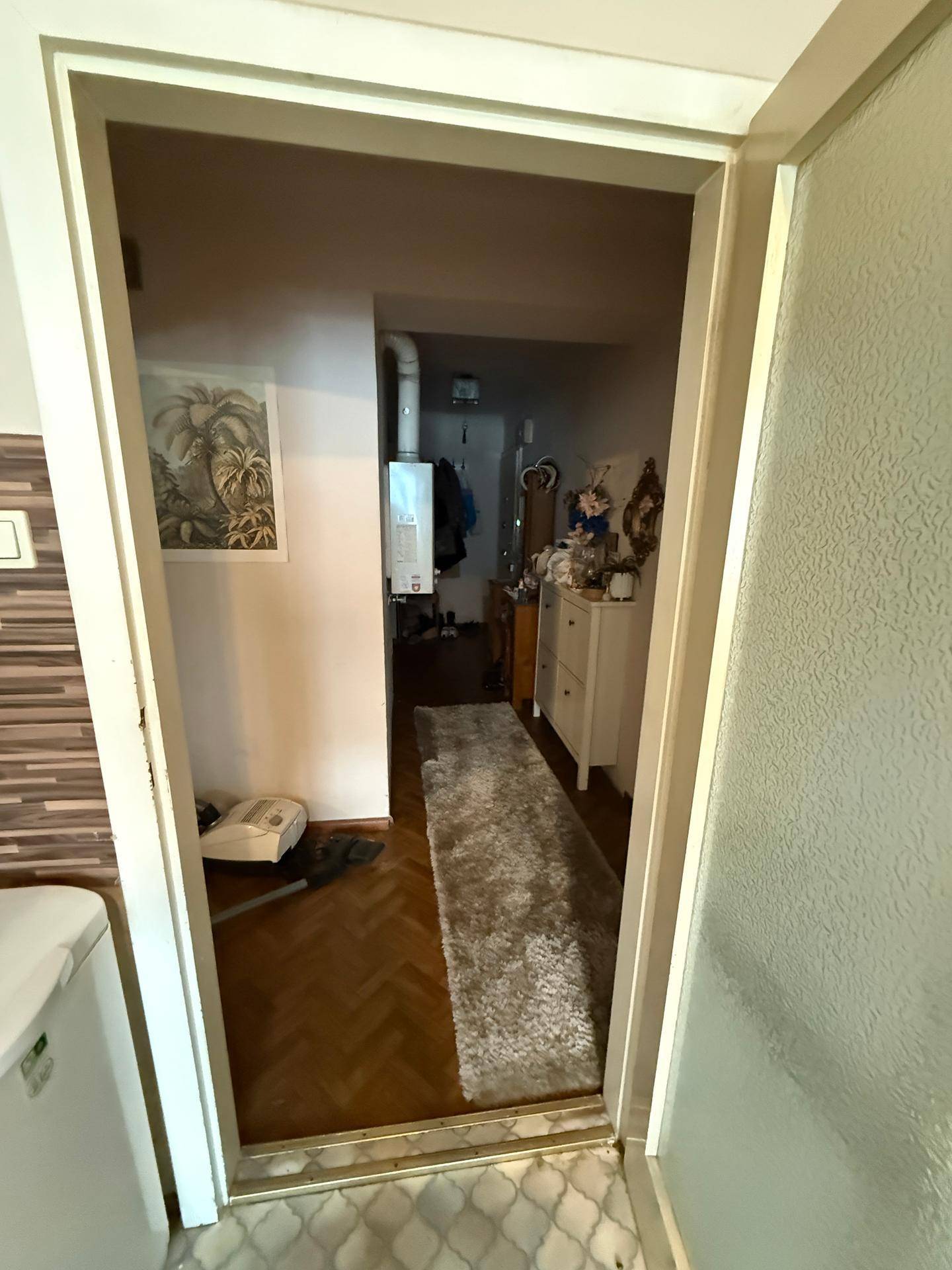 Blick durch eine Tür in einen Flur mit Teppichläufer und einem Warmwasserbereiter.