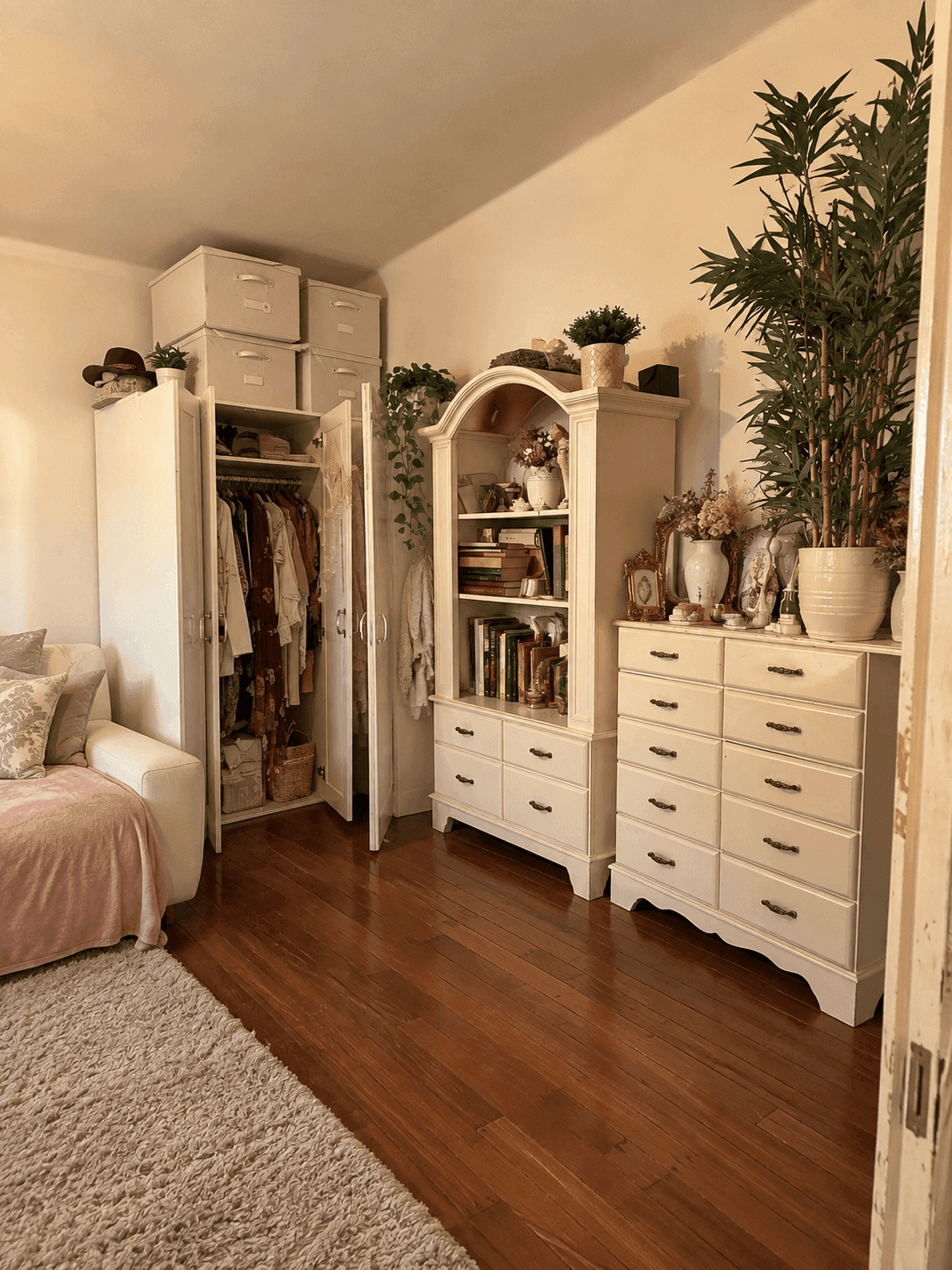 Detailansicht des Wohnzimmers mit offenem Kleiderschrank, Bücherregal und Kommode.