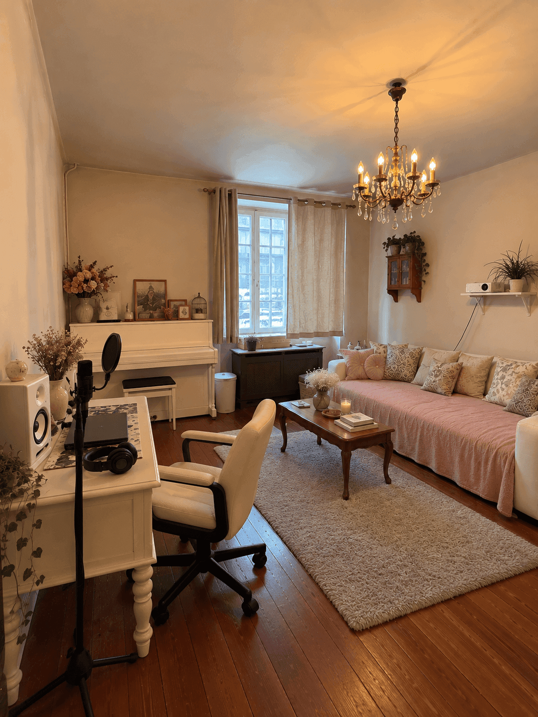 Helles Wohnzimmer mit Holzboden, Sofa, Klavier und einem Arbeitsbereich am Fenster.