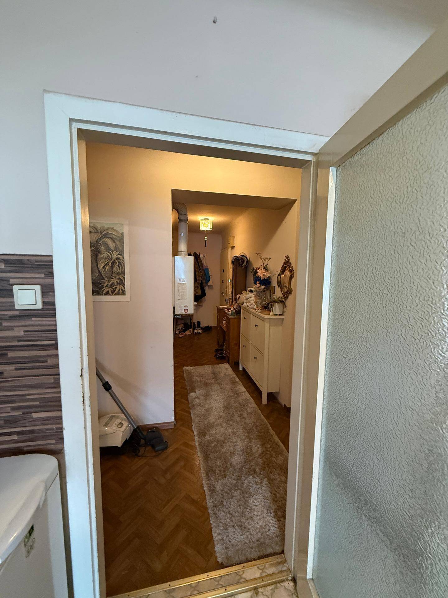 Blick durch eine Tür in einen Flur mit Teppichläufer und einem Warmwasserbereiter.