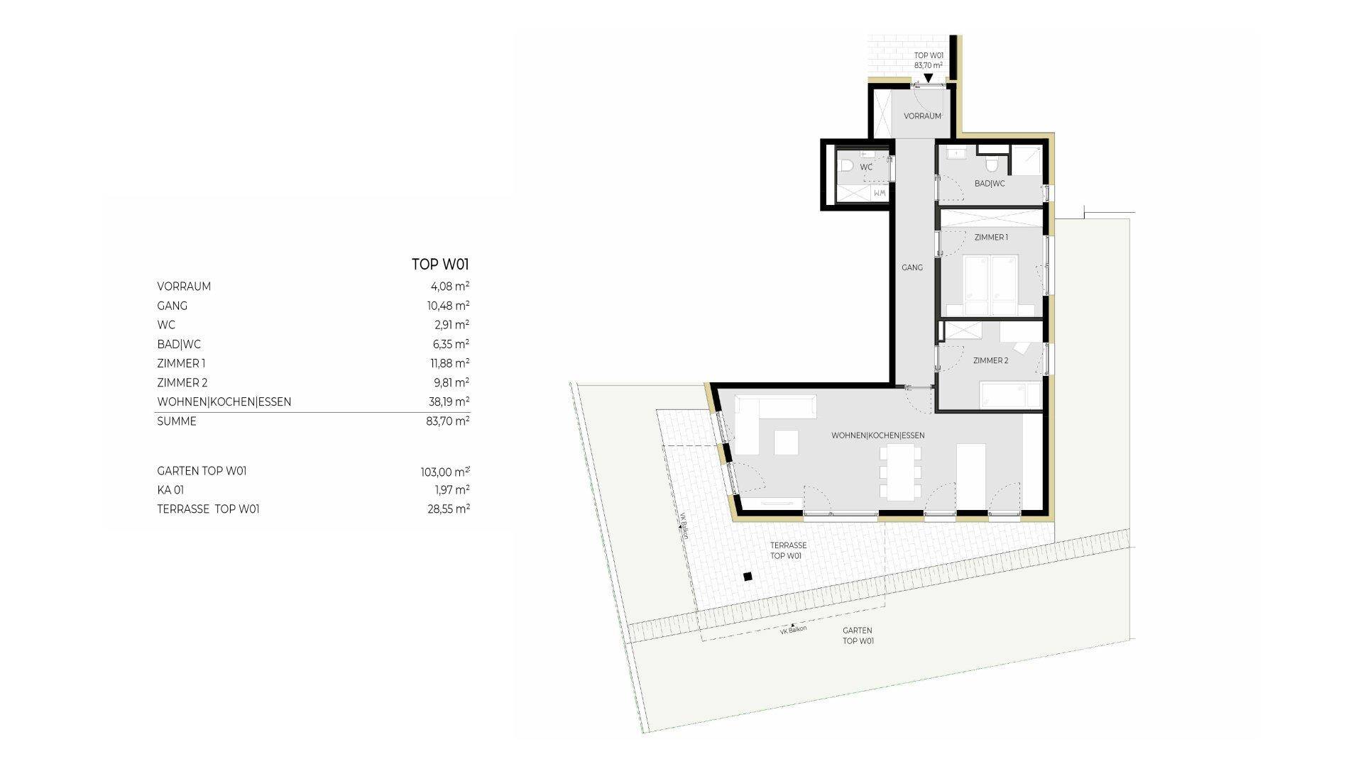 Grundriss der Wohneinheit TOP W01 mit Garten, Terrasse und offenem Wohn-Essbereich.