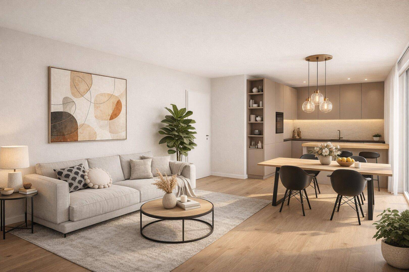 Modernes, offenes Wohnzimmer mit Essbereich und integrierter Küche, ausgestattet mit Holzfußboden und großen Fenstern.