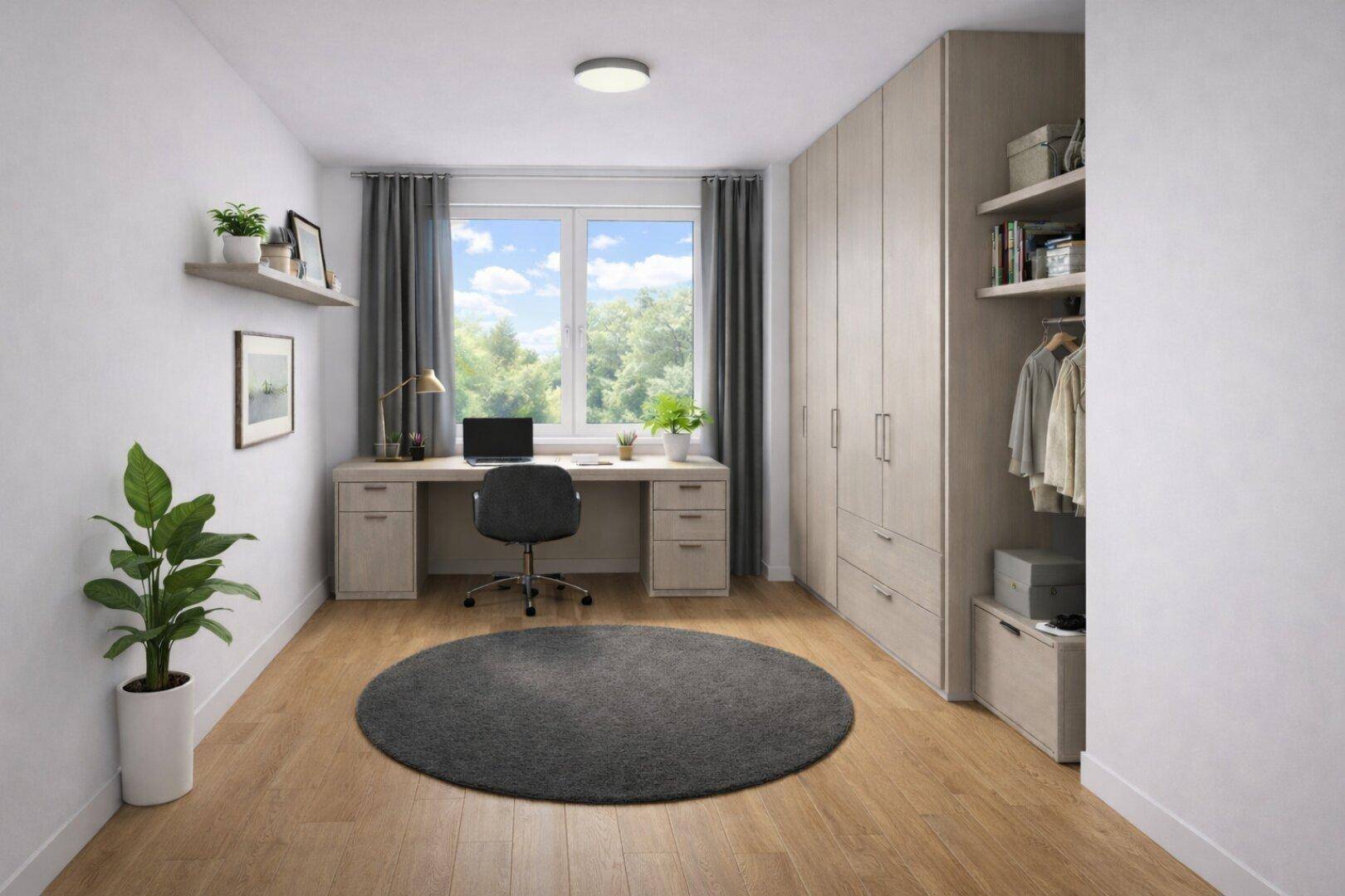 Helles Arbeitszimmer mit großem Fenster, integriertem Kleiderschrank und Eichenparkett.