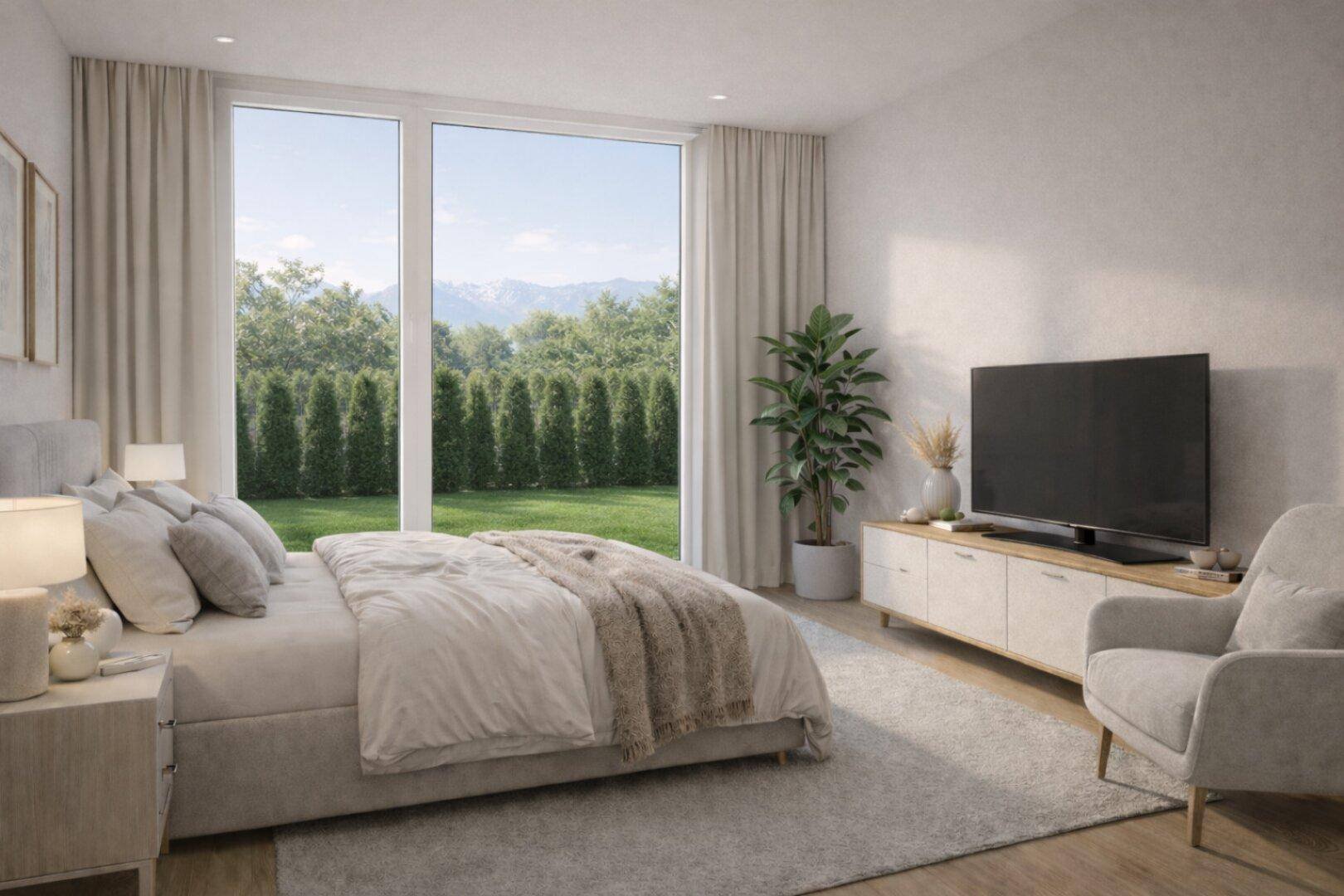 Helles Schlafzimmer mit bodentiefen Fenstern, Blick ins Grüne und moderner Einrichtung.