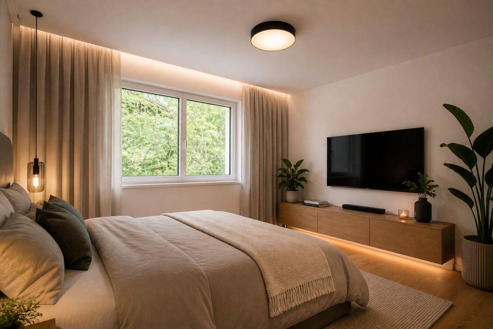 Gemütliches Schlafzimmer mit großem Fenster, Holzboden und indirekter Beleuchtung.
