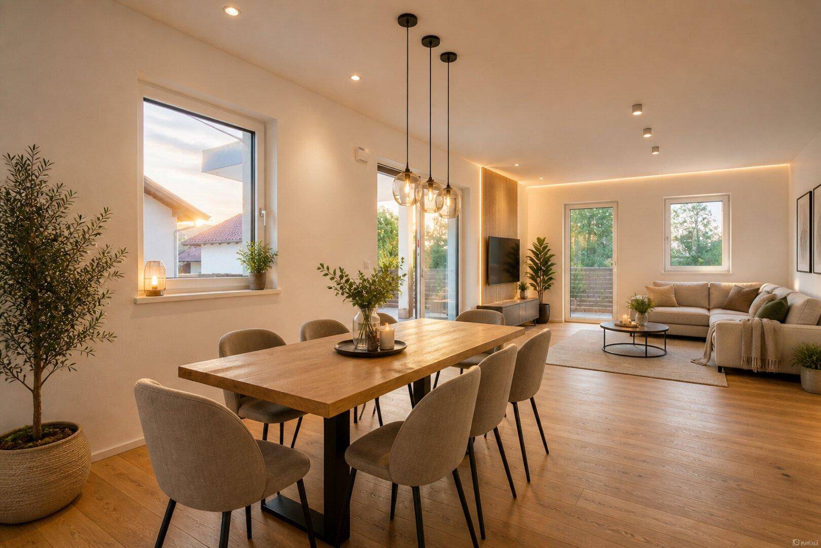 Offener Wohn-Essbereich mit Holzboden, großem Esstisch und gemütlicher Sofaecke.