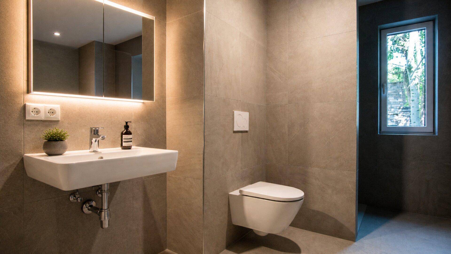 Modernes Badezimmer mit großformatigen Fliesen, schwebendem Waschtisch und Fenster.
