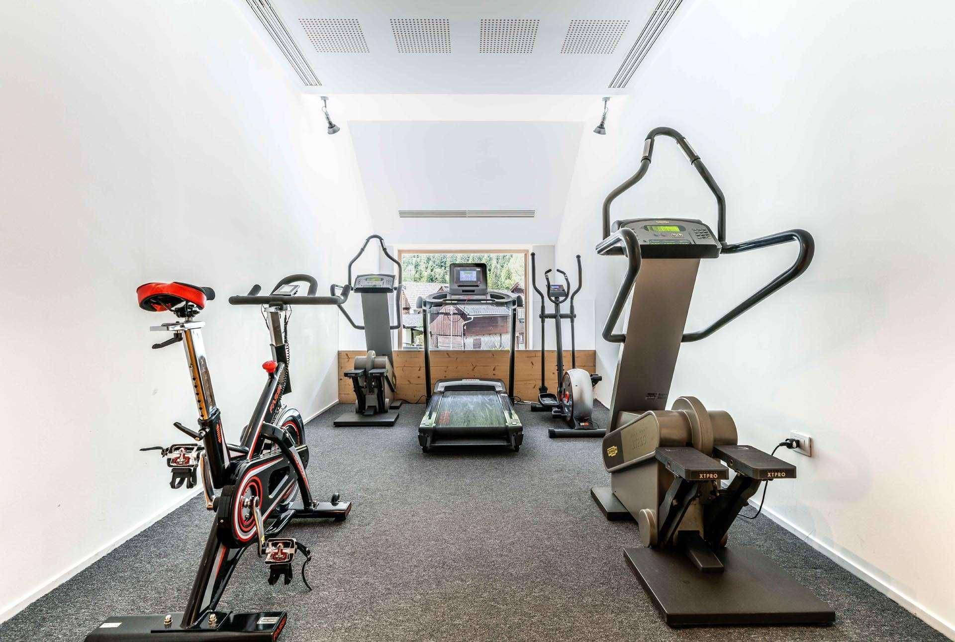 Heller Fitnessraum mit verschiedenen Cardio-Geräten und Blick auf die Außenwelt.
