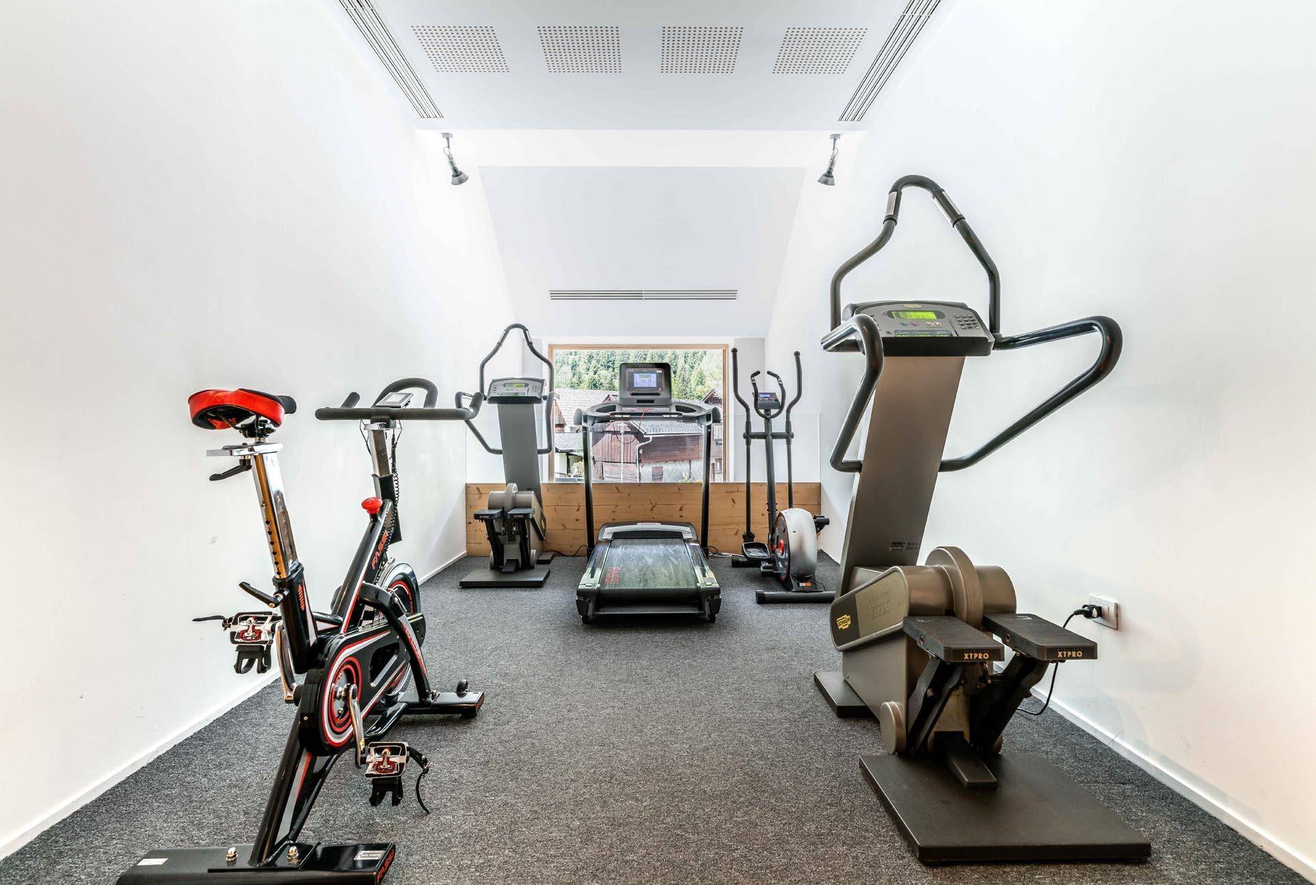 Fitnessraum mit verschiedenen Trainingsgeräten wie Laufband und Ergometer, mit Fenster und Teppichboden.