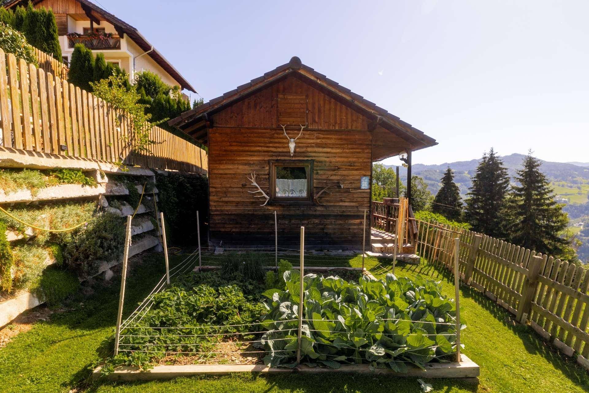 Charmante Holzhütte mit einem gepflegten Gemüsegarten und traditioneller Hirschgeweih-Dekoration.