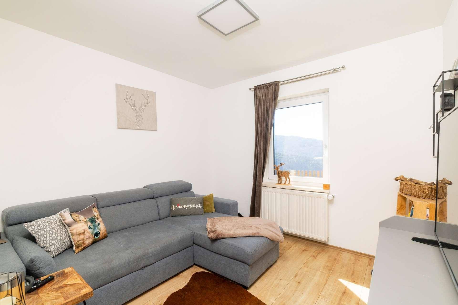 Modernes Wohnzimmer mit grauem Ecksofa, Fernseher und Ausblick in die Natur.