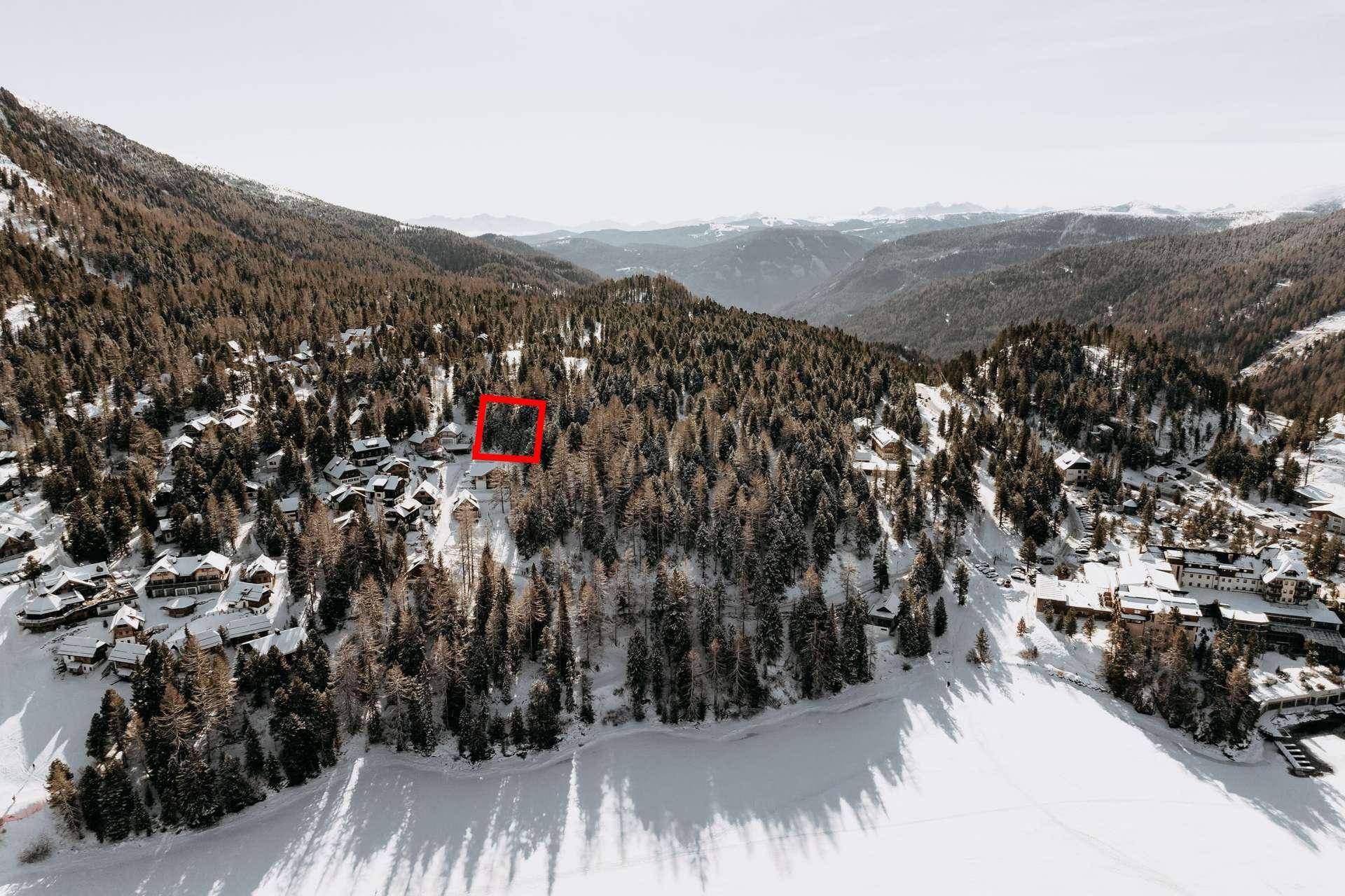 Luftaufnahme eines verschneiten Waldgebiets mit Häusern, einem zugefrorenen See und einer markierten Fläche.