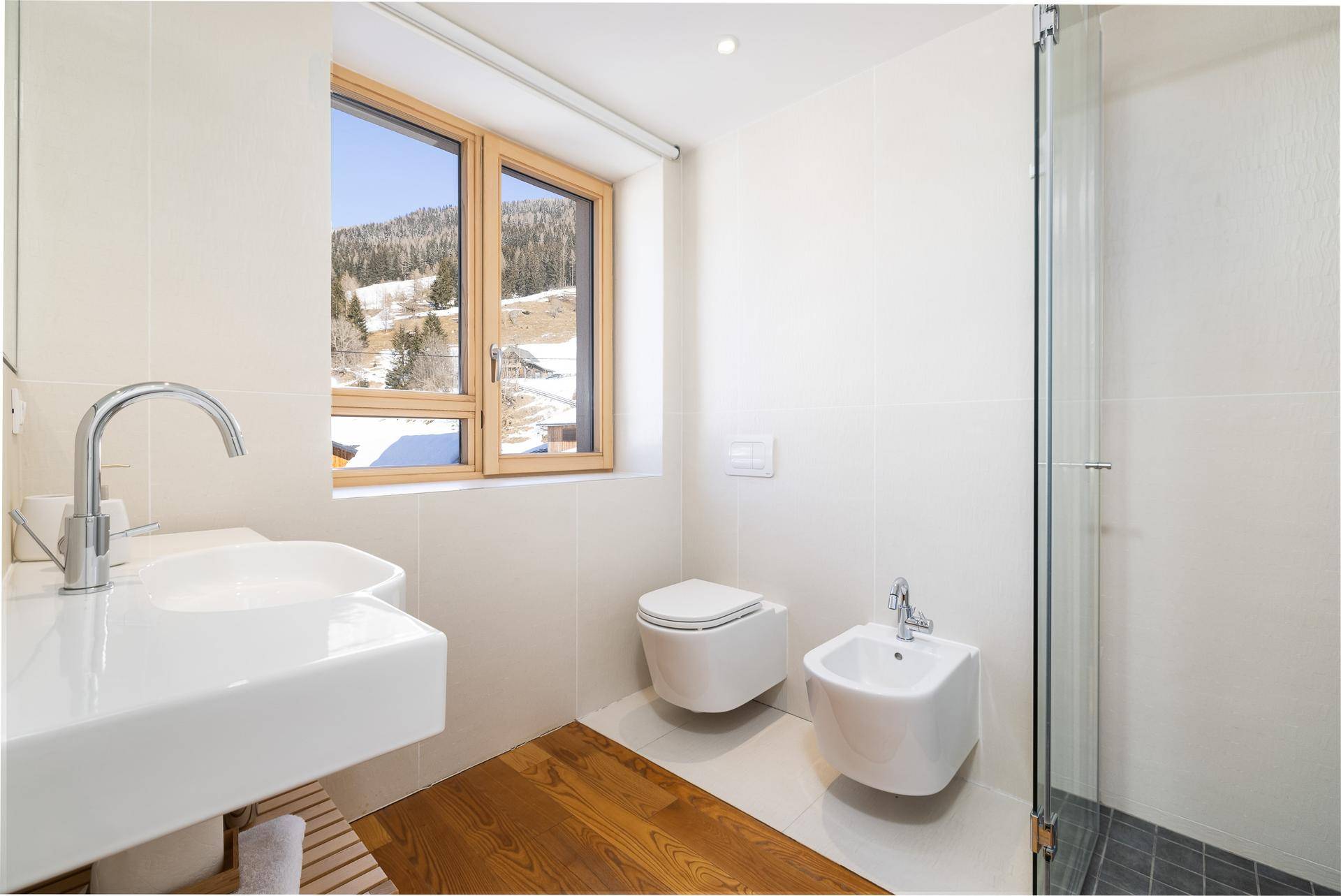 Modernes Badezimmer mit weißen Fliesen, Einzelwaschbecken, WC, Bidet und begehbarer Dusche mit Bergblick.
