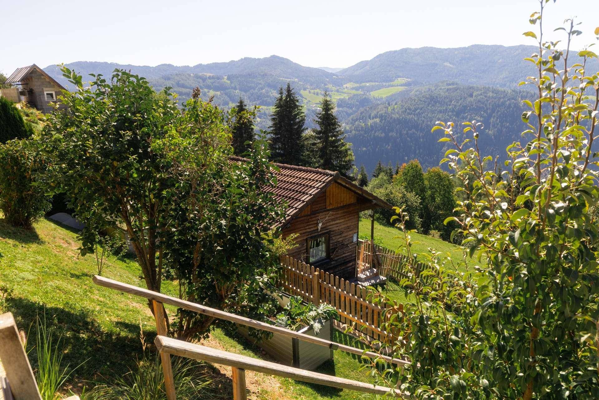 Rustikale Holzhütte in idyllischer Hanglage mit weitem Blick auf die umliegende Berglandschaft.