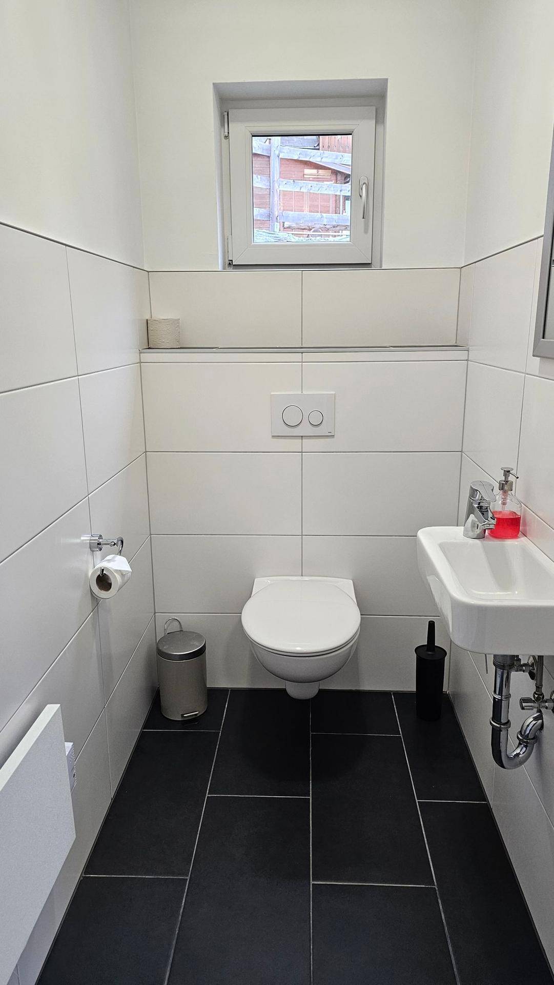 Modernes Gäste-WC mit Wand-WC, kleinem Waschbecken und Fenster.